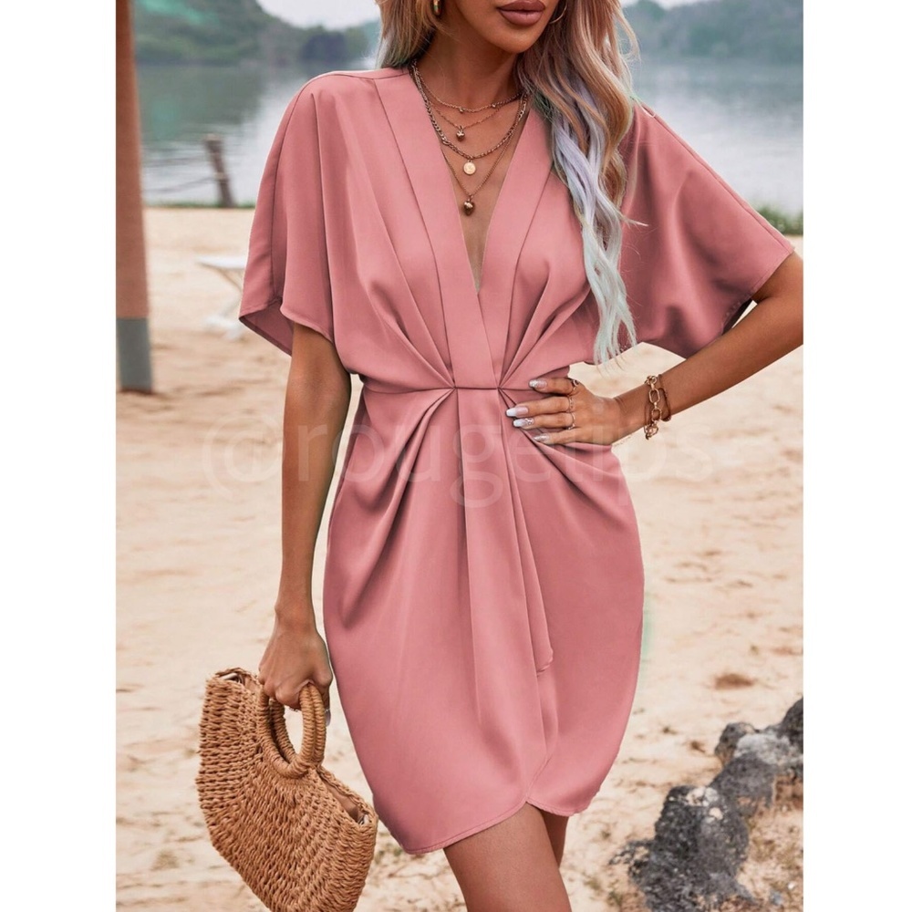 Salmon Pink Mini Dress Ruched, Batwing Sleeve Faux Wrap Pleated